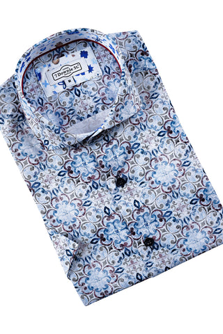 Short Sleeve Shirt in Blue and Brown Abstract Print