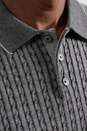 Cable Stitch 3 Button Long Sleeve Polo Sweater in Black