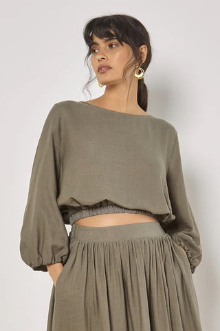 Linen Mix Bubble Hem Top in Khaki