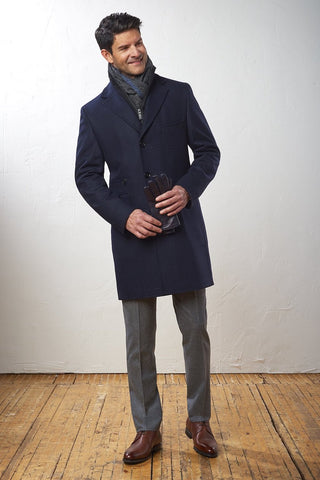 Thigh-Length Wool Coat with Removable Bib Solid Navy