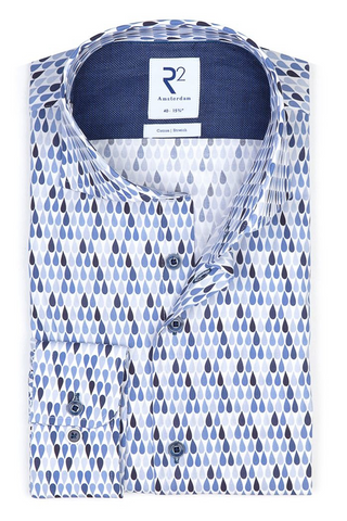 Blue Waterdrop Print Stretch Long-Sleeved Casual Shirt