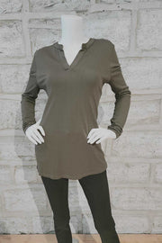 Long-Sleeved V-Neck Knit Shirt Olive or Charcoal