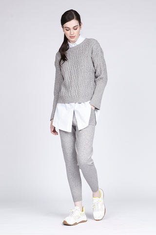 Cable- and Chain-Knit Crew Neck Sweater with Ribbed Sleeves Black or Classic Grey