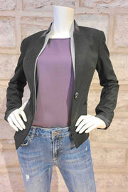 One-Button Blazer with Leather Trim Charcoal