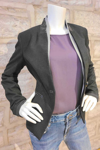 One-Button Blazer with Leather Trim Charcoal