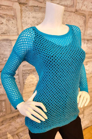 Long-Sleeved Boat Neck Loop Cashmere Sweater Turquoise