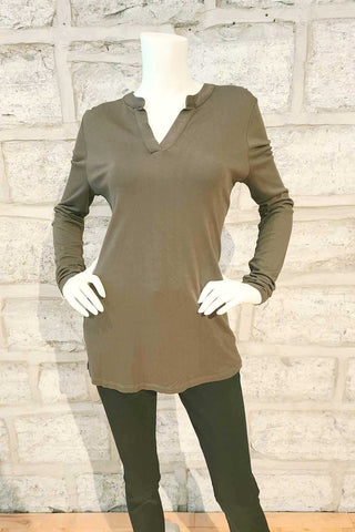 Long-Sleeved V-Neck Knit Shirt Olive or Charcoal
