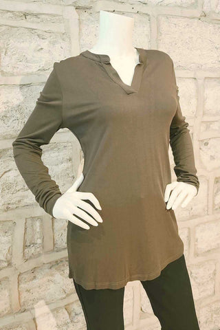 Long-Sleeved V-Neck Knit Shirt Olive or Charcoal