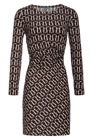Black Side-Ruched, Round-Neck Dress with Chain Pattern