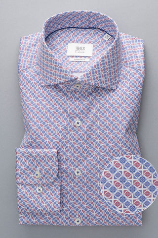 Long Sleeve Dress Shirt in Blue/Red Geo Print