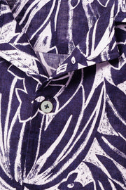 Short-Sleeved Linen Cotton Shaped Shirt in Navy Print