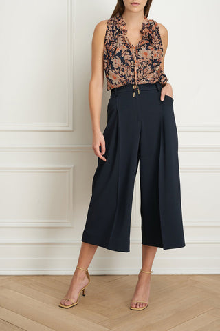 Sleeveless Top with Ruffle Collar Navy Floral Print