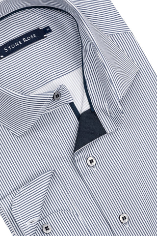 Long-Sleeved Sport Shirt Banker Stripe Burgundy or Denim Blue
