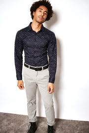 Long-Sleeved Sport Shirt in Navy With White Overcheck