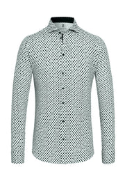 Long-Sleeved Knit Shirt with Navy-Olive Dot Print