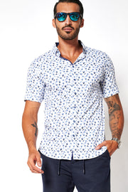 Short-Sleeved Printed Knit Shirt Blue Floral or White Fish Pattern