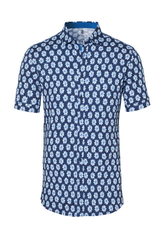 Short-Sleeved Printed Knit Shirt Blue Floral or White Fish Pattern