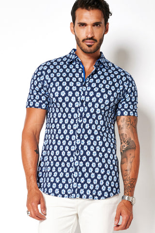 Short-Sleeved Printed Knit Shirt Blue Floral or White Fish Pattern