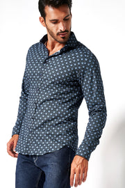Long-Sleeved Printed Knit Shirt Blue or White