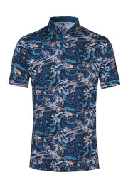 Short-Sleeved Knit Polo Shirt Blue Palm Print