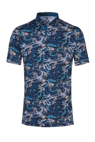 Short-Sleeved Knit Polo Shirt Blue Palm Print