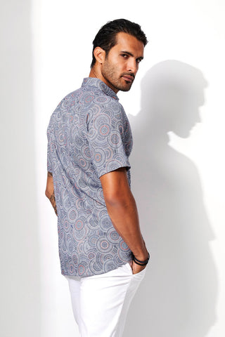 Short-Sleeved Sport Shirt in Cornflower Blue Mosaic-Tile Print