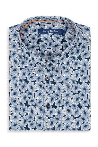 Navy Large Floral Print Short-Sleeved Woven Shirt