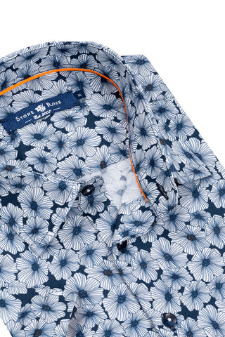 Navy Large Floral Print Short-Sleeved Woven Shirt