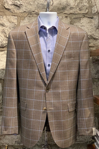 Super-Fine Wool Sport Coat Taupe with Blue Check