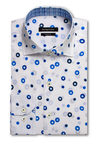 Long-Sleeved White Casual Shirt with Two-Tone Blue Circles