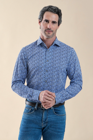 Blue Floral Print Long Sleeve Knitted Pique Shirt