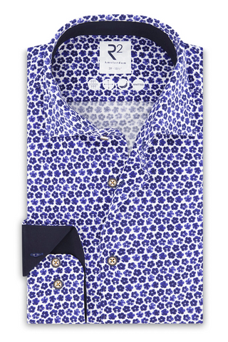 Blue Floral Print Long Sleeve Knitted Pique Shirt