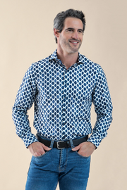Long-Sleeved Sport Shirt With Navy Ellipse Print