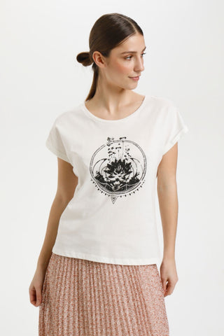 Beta Cap-Sleeved Cotton T-Shirt Snow White with Black Graphic