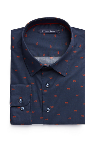 Navy Tiger Print L/S Woven Shirt