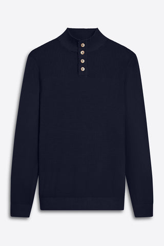 Mock Neck Four-Button Sweater in Midnight Navy
