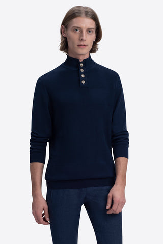 Mock Neck Four-Button Sweater in Midnight Navy