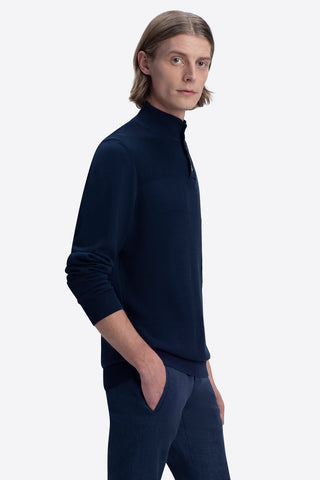 Mock Neck Four-Button Sweater in Midnight Navy