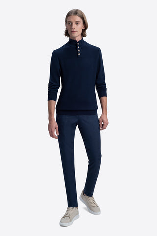 Mock Neck Four-Button Sweater in Midnight Navy