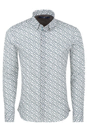 Long-Sleeved Sport Shirt White with Novelty Feather Print