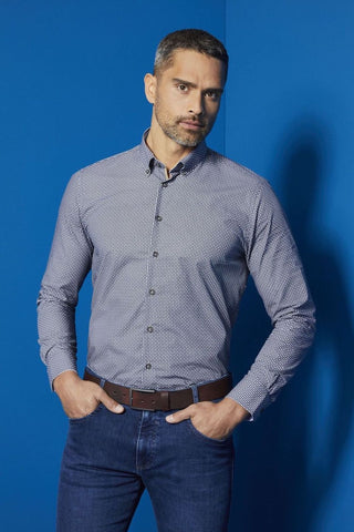 Button-Down, Long-Sleeved Sport Shirt Blue-Dot Pattern