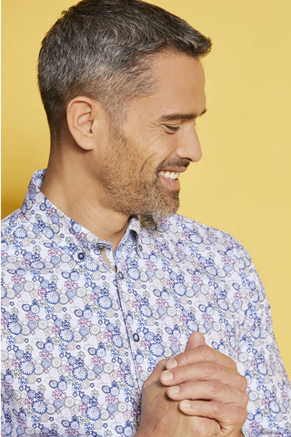 Long-Sleeved Button-Down Sport Shirt Blue Floral on White