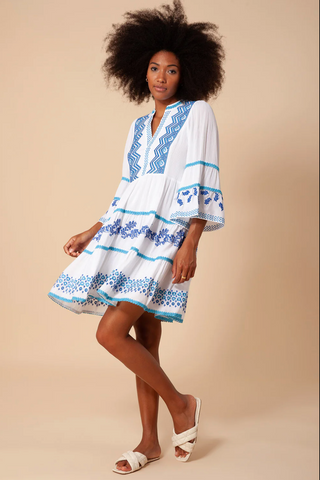 Taliah Embroidered Crinkle-Gauze Dress in Blue