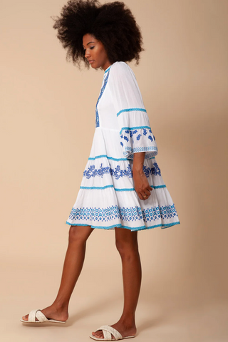 Taliah Embroidered Crinkle-Gauze Dress in Blue