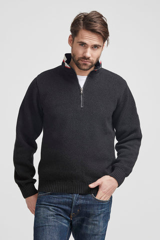 Classic Quarter Zip Knitted Windproof Cotton Sweater in Black Melange