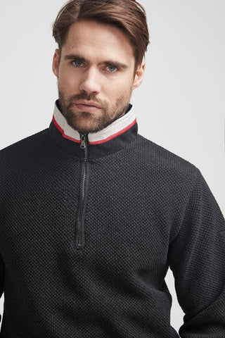 Classic Quarter Zip Knitted Windproof Cotton Sweater in Black Melange