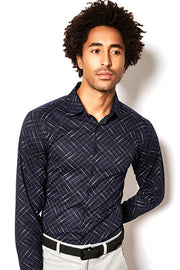 Long-Sleeved Sport Shirt in Navy With White Overcheck