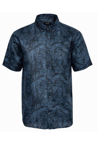 Short-Sleeved Sport Shirt White Palm Print on Blue