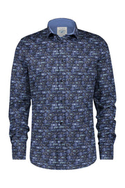Long-Sleeved Sport Shirt Navy Blue Fish Print